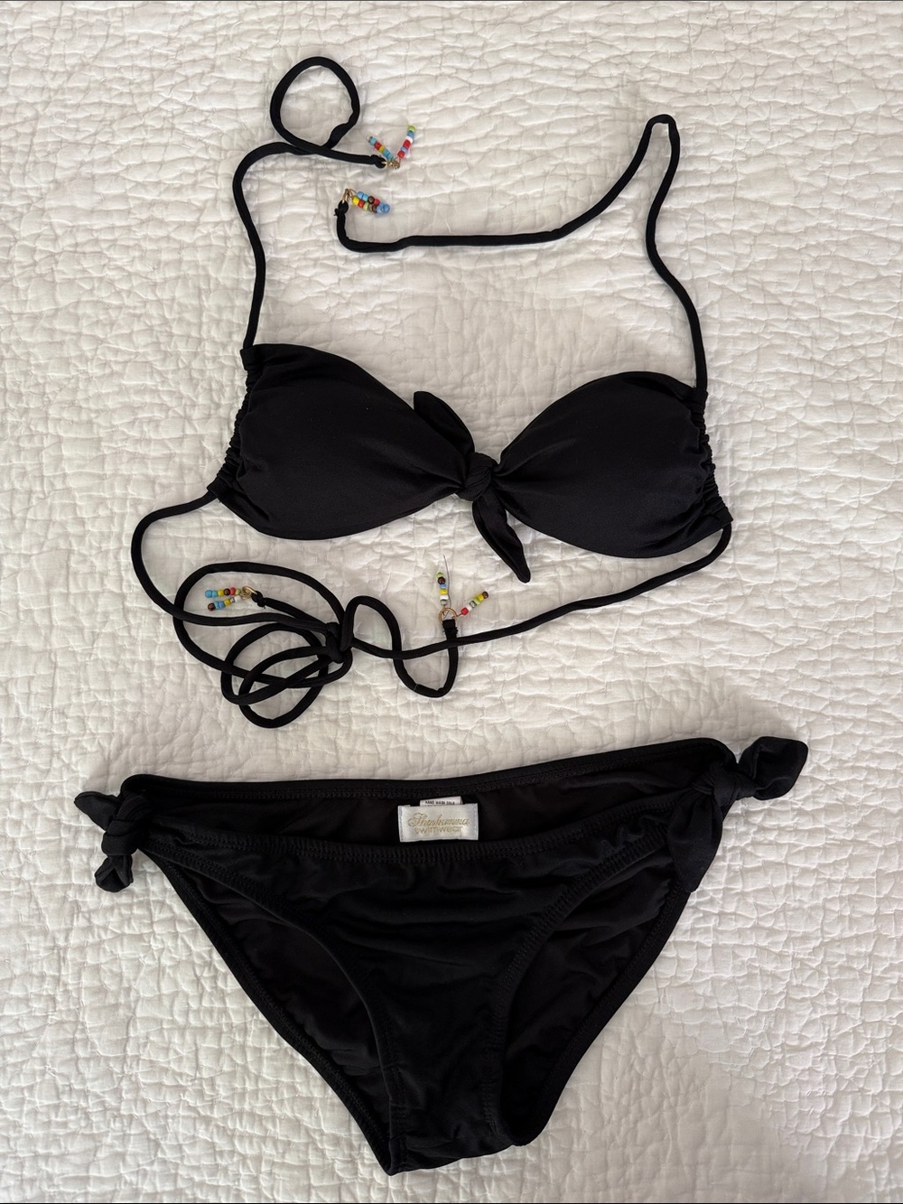 Shoshanna Black Tie Bikini Set with Bead-Tipped Straps